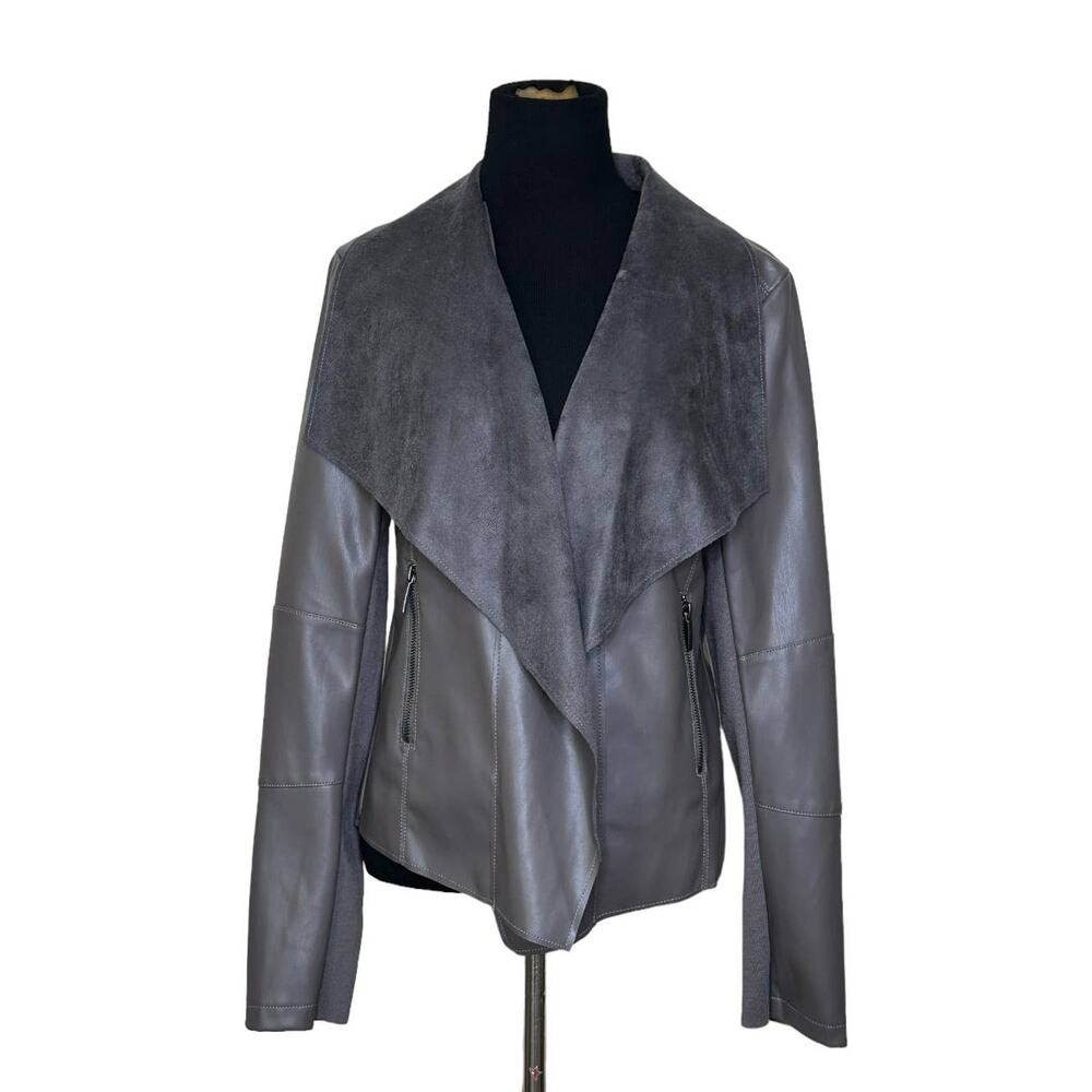 Joan Vass brown faux leather long sleeves open front jacket size Small